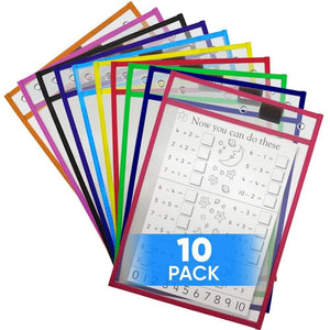 10 Pack Dry Erase Pockets 10x13 in (3 Hole) for Classroom   Plastic