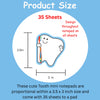 Diagram of a tooth-shaped notepad with dimensions and text about product size and design.