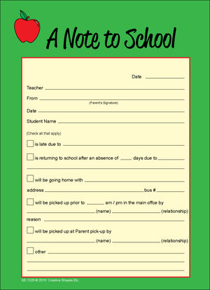 Note to School – Notes to Parents - Creative Shapes Etc.