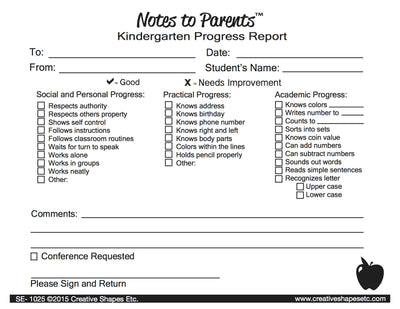 Kindergarten Progress Reports - Notes to Parents - Creative Shapes Etc.